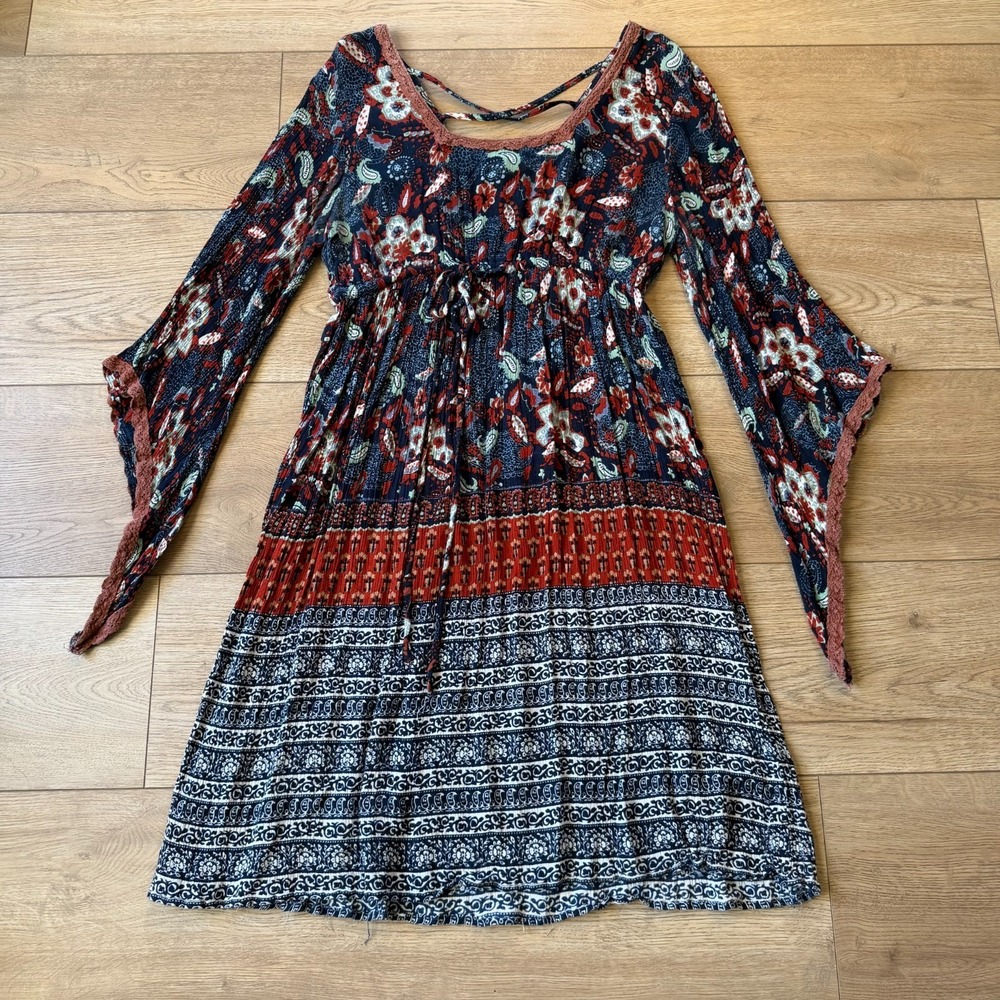 Womens Sm Dress Blue Red Embroidered Floral Boho Peasant Hippie Flutter Sleeve